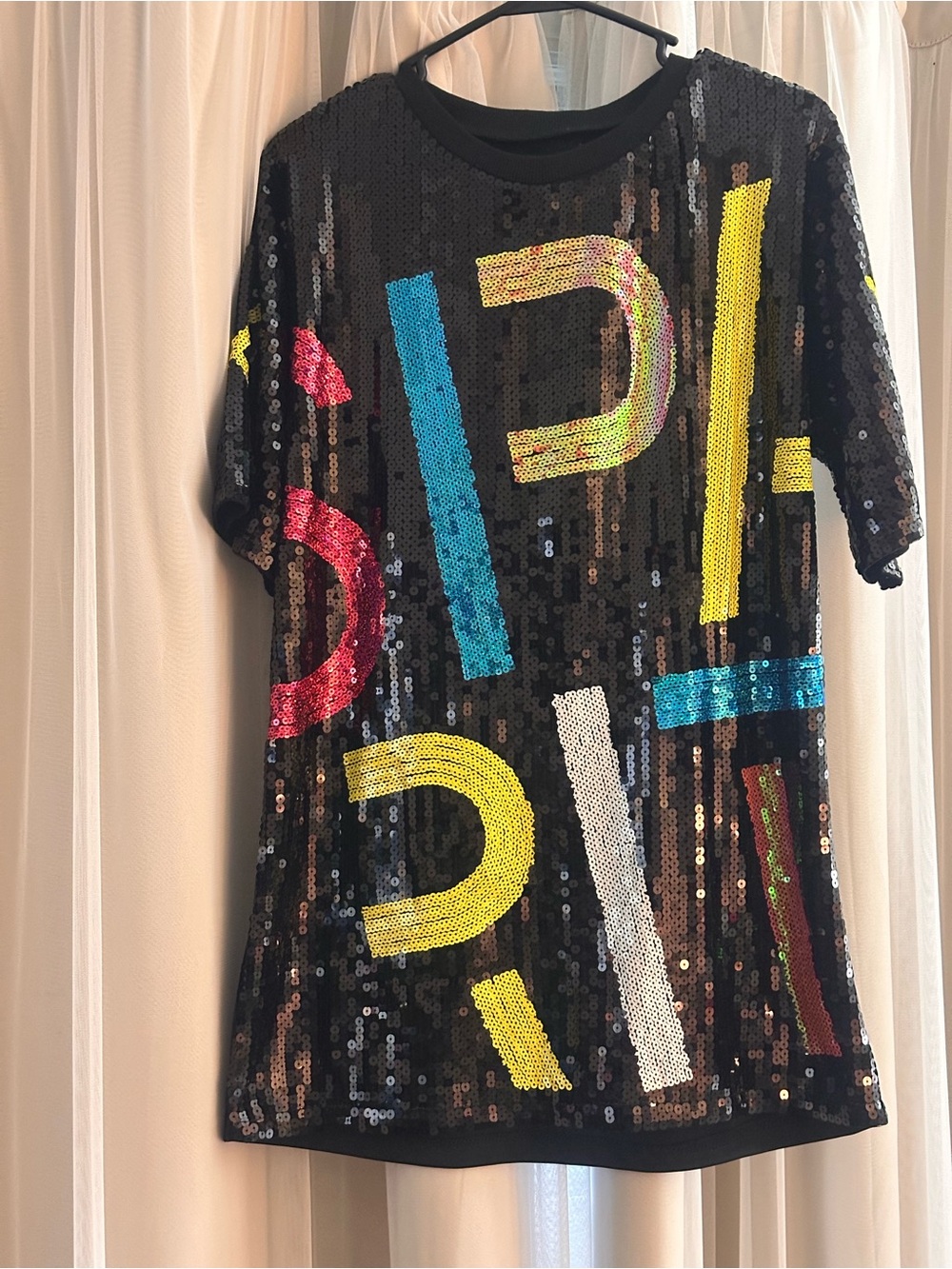 One size fit all  Sequin lined Graphic Tee - Black with Multicolor Accents.